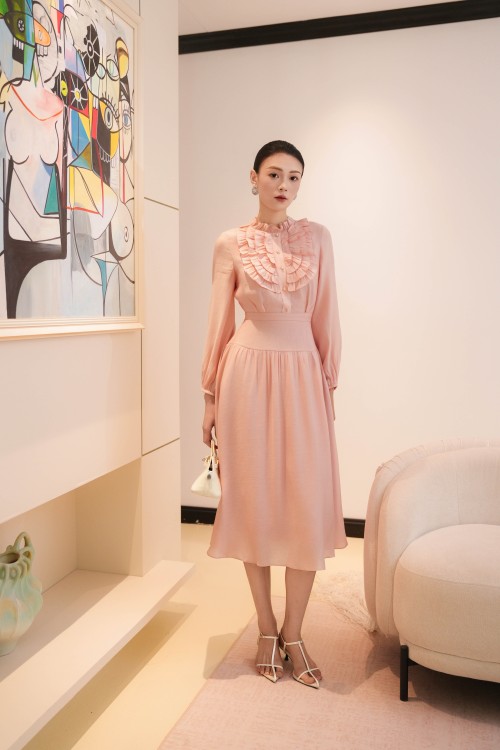 Sixdo Light Pink Organza Flared Dress